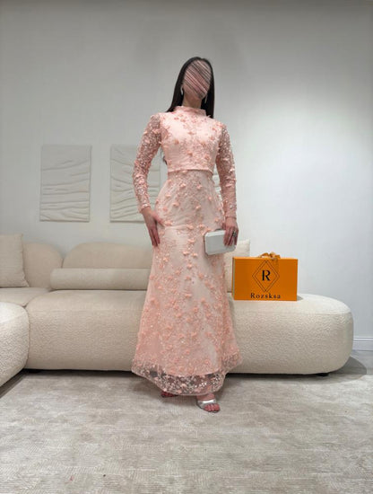 Pink High Neck Lace Sequins Flowers Long Sleeve Mermaid Evening Dress