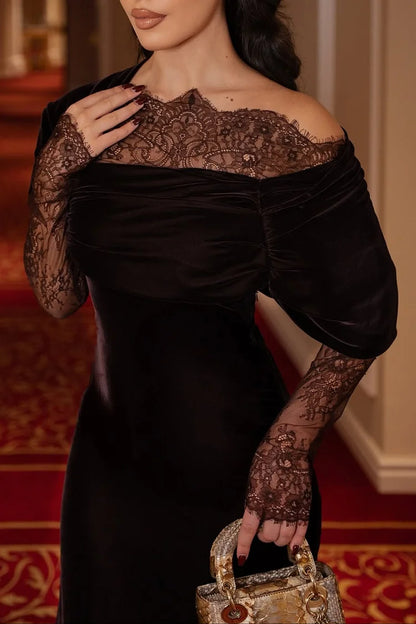 Asymmetric Collar Slit Lace Patch Velvet Maxi Dress