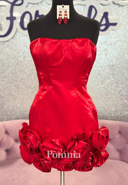 Red Strapless Sleeveless Floral Appliques Mini Homecoming Dress