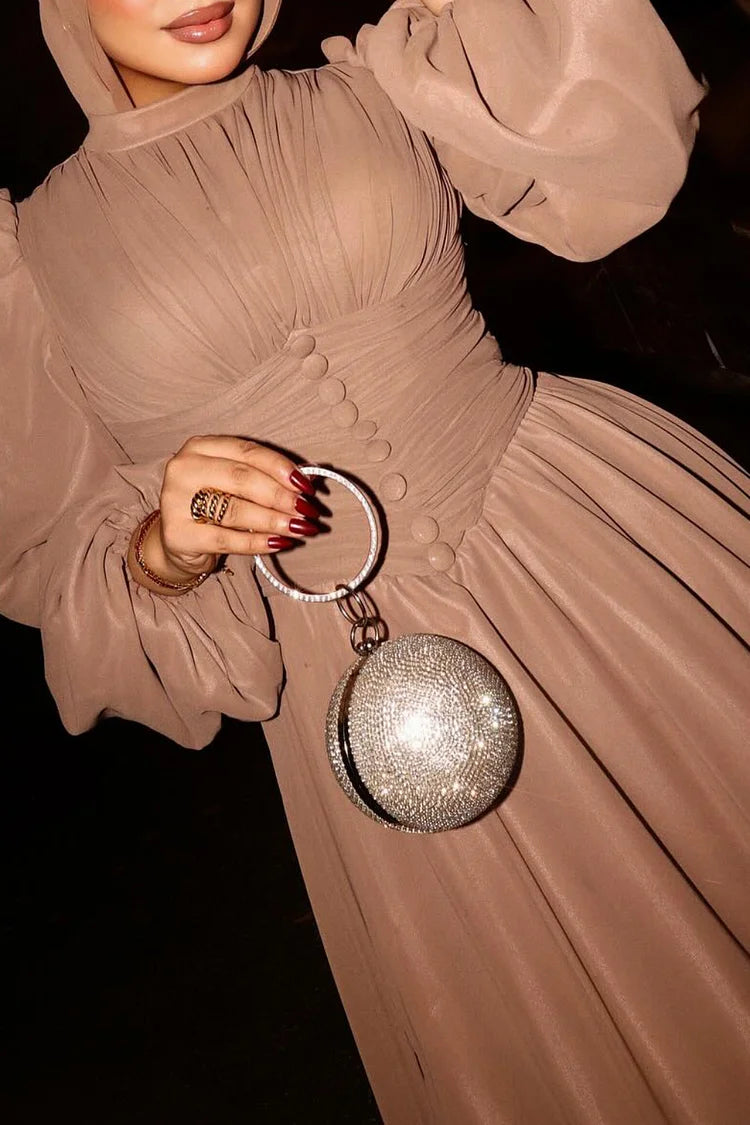 Puff Sleeve Ruched Button Decor Mock Neck Party Maxi Dress