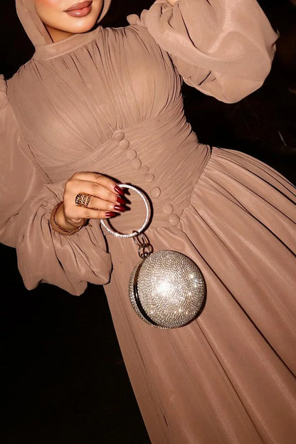 Puff Sleeve Ruched Button Decor Mock Neck Party Maxi Dress