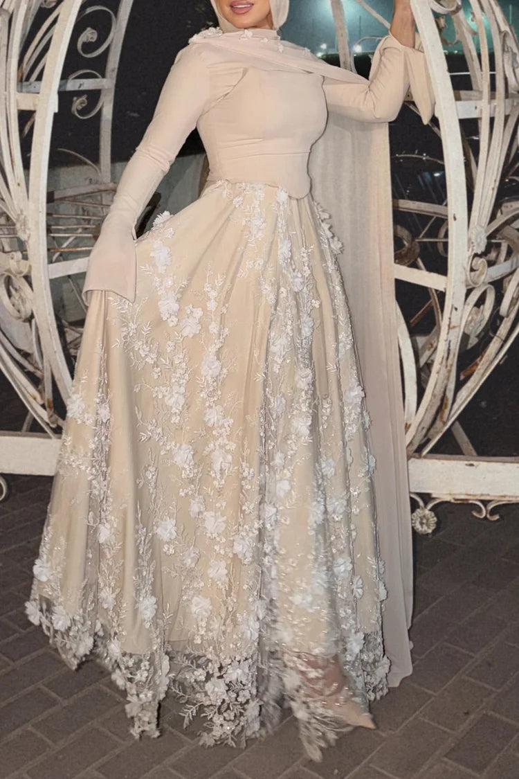 3D Floral Embroidery Corset Streamer Slit Cuff Party Maxi Dress