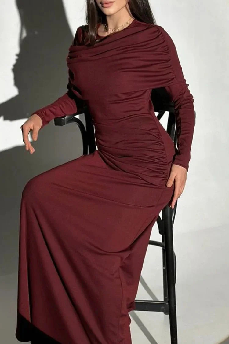 Patchwork Round Neck Long Sleeve Ruched Slim Fit Maxi Dresses