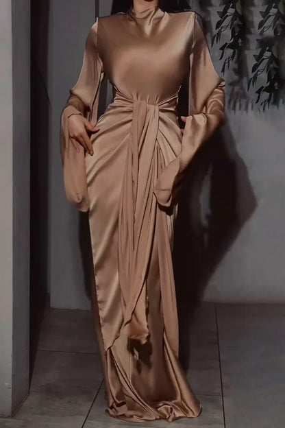 Mock Neck Long Sleeve Solid Color Tie Up Slim Fit Maxi Dresses