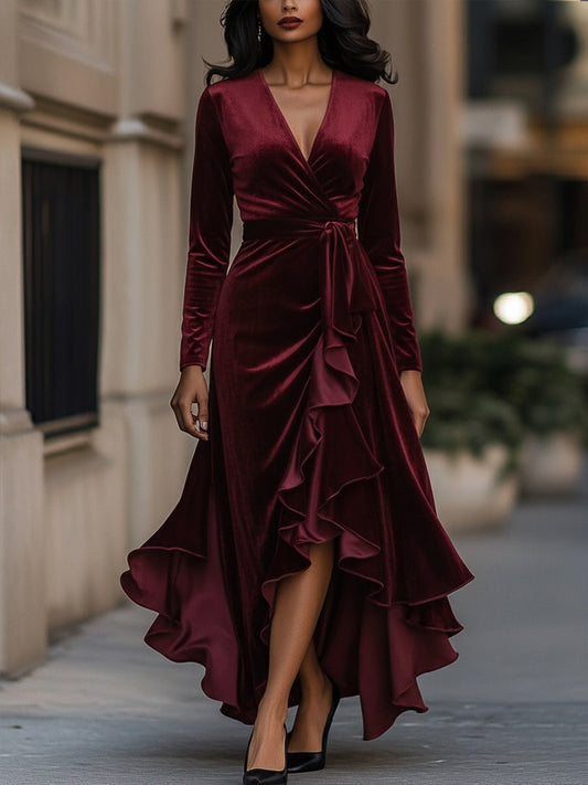 Burgundy Velvet Wrap Gown With Cascading Ruffle Hem