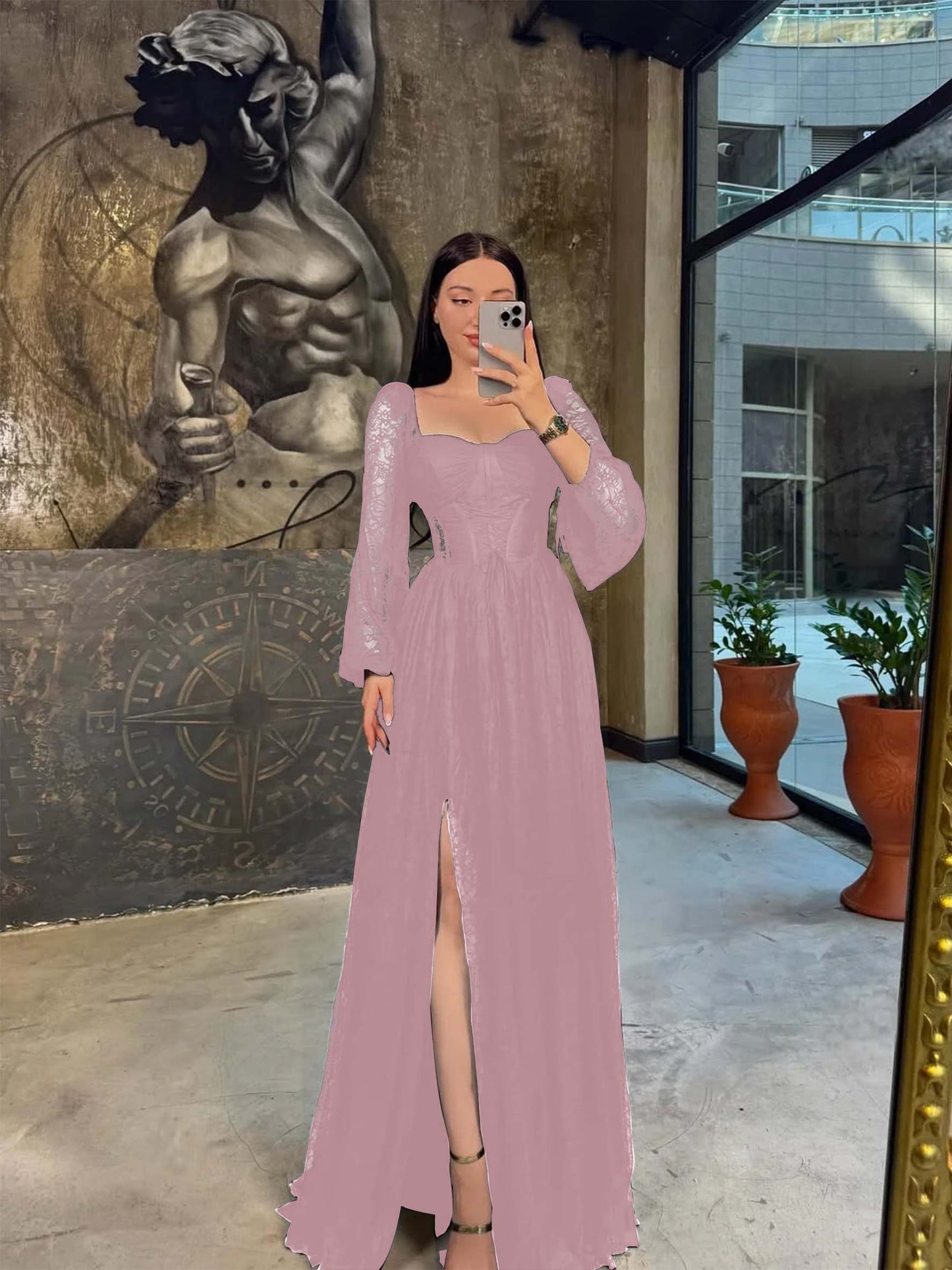 Lantern Long Sleeves Long A-Line Pleated Prom Dress With Split And Corset