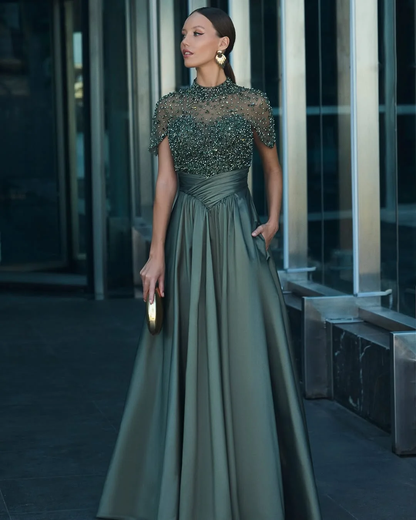 High-Neck Short Sleeves Long A-Line Pleated Prom Dress With Pockets And Beadings