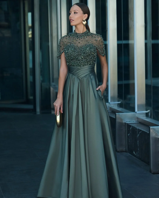 High-Neck Short Sleeves Long A-Line Pleated Prom Dress With Pockets And Beadings