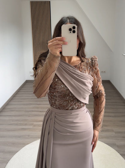 High Neck Long Sleeves Sequins Ruched Evening Dress