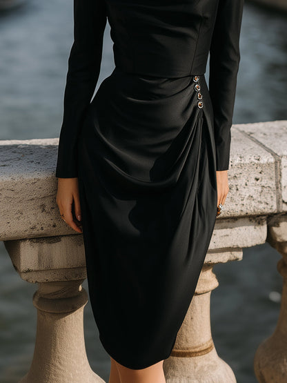 Noir Draped Button-Detail Midi Dress