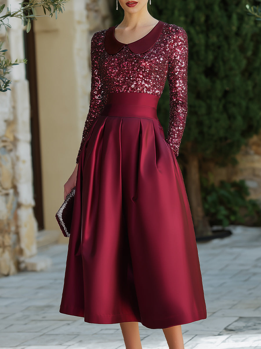 Sequin Bodice Midi Dress With Structured Waist