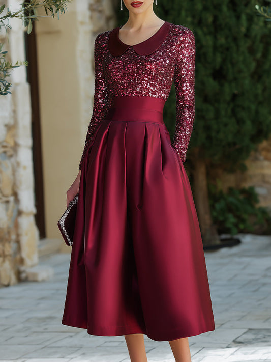 Sequin Bodice Midi Dress With Structured Waist