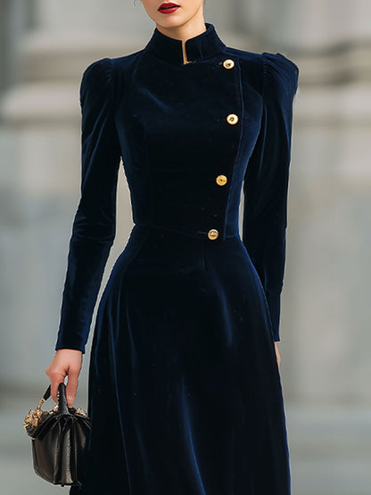 Elegant Navy Velvet Long Sleeve Dress