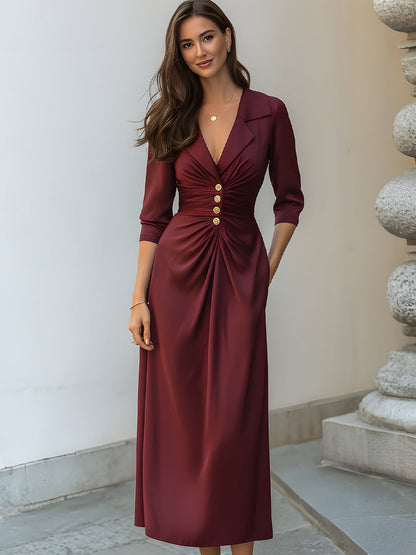 Burgundy Satin Buttoned Midi Dress