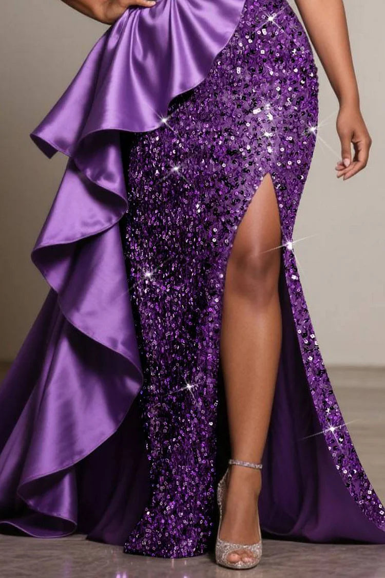 Formal Sequin Purple Oblique Collar Split Elegant Ruffle Satin Maxi Dress