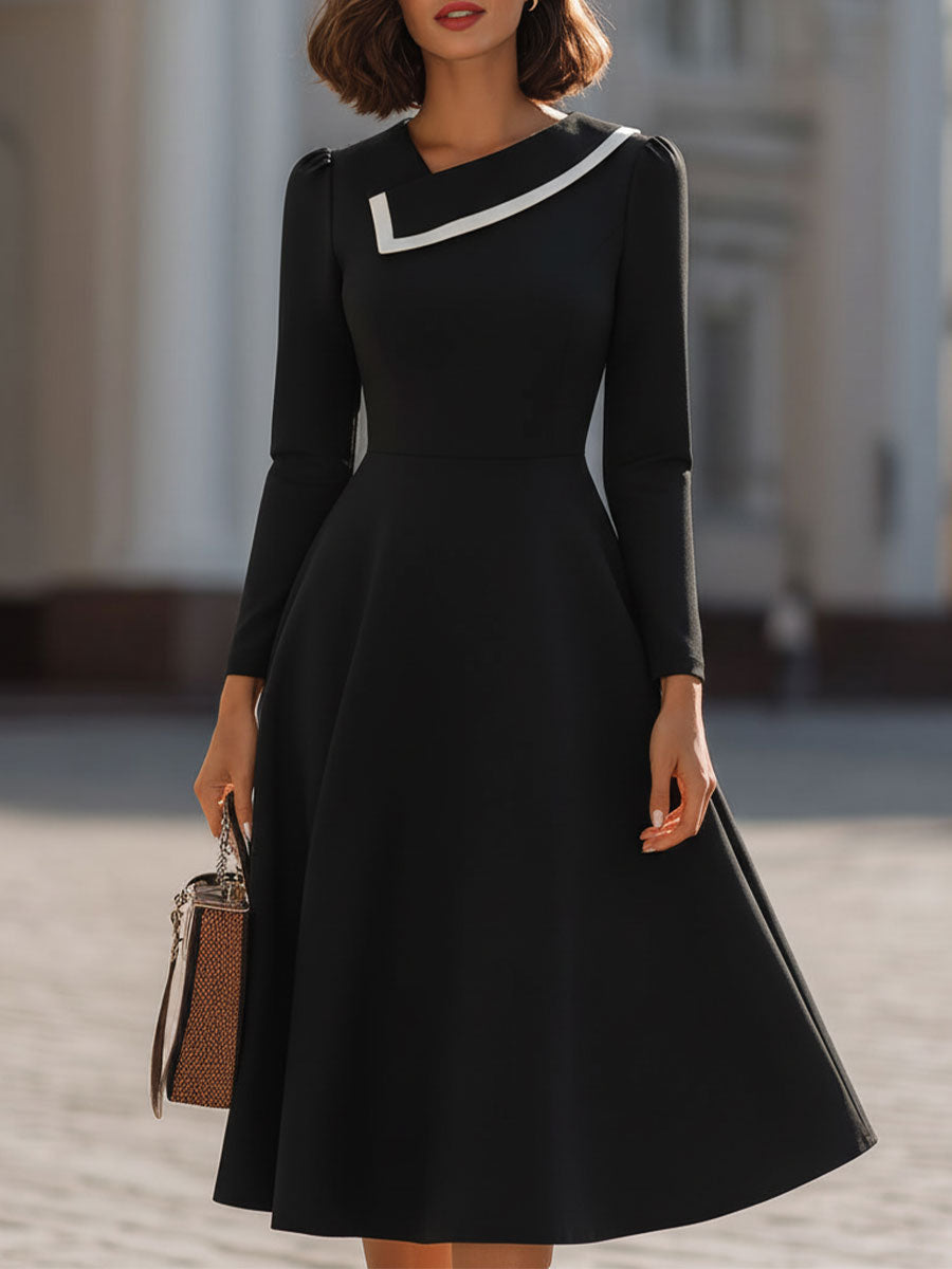 Retro Black Asymmetric White-Trim Midi Dress