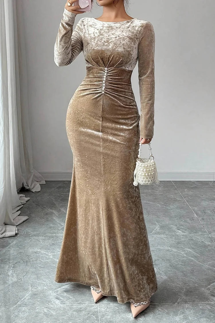 Pearl Decor Ruched Pleated Round Neck Long Sleeve Velvet Party Maxi Dress