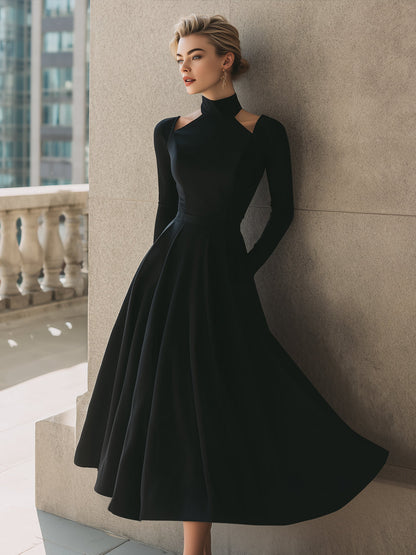 Black Cutout High-Neck Midi Dress