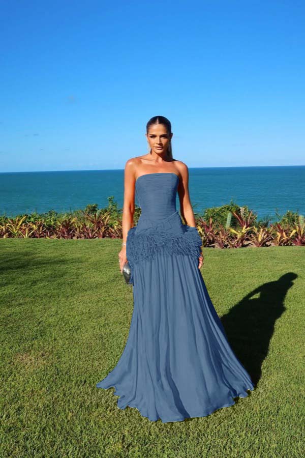 Chiffon Strapless Sleeveless Long A-Line Prom Dress With Pleated And Feathers