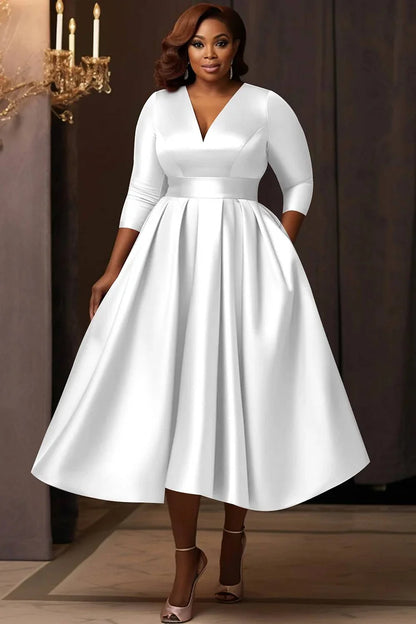 Pink V Neck 3/4 Sleeve Pocket Satin Midi Dresses