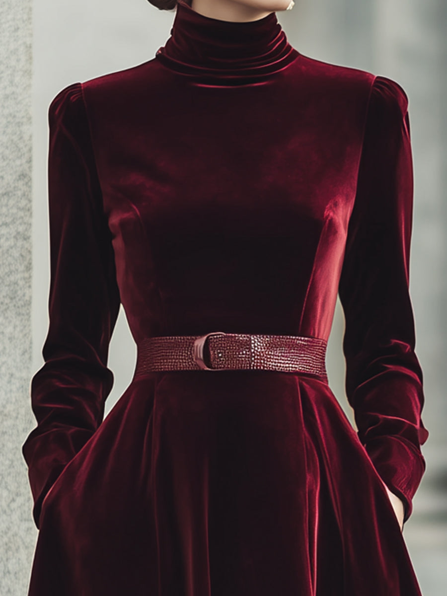 Burgundy Velvet Dress With A Belt