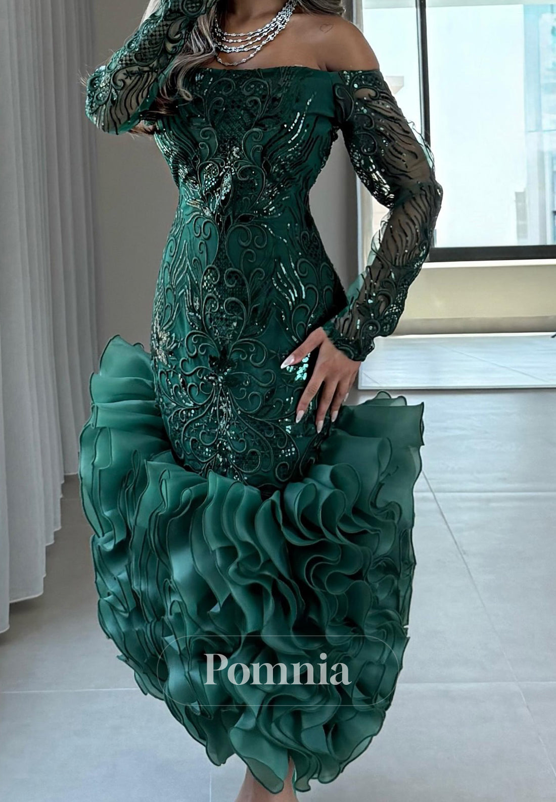 Dark Green Long Sleeves Square Appliques Mermaid  Prom Dress