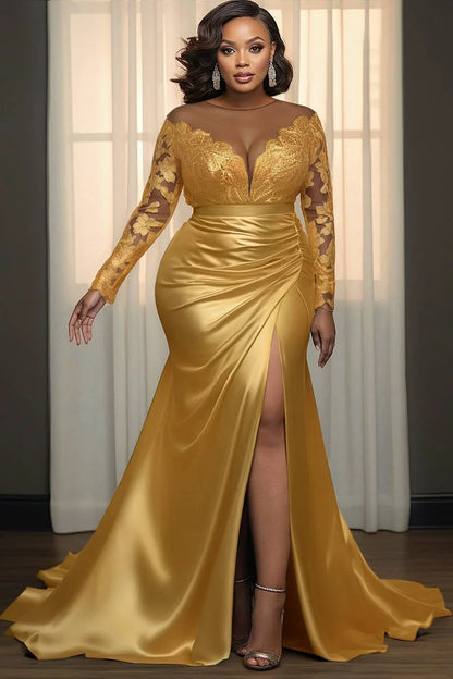 Formal Lace Gold Turndown Collar Long Sleeve Split Elegant See Through Satin Maxi Dress