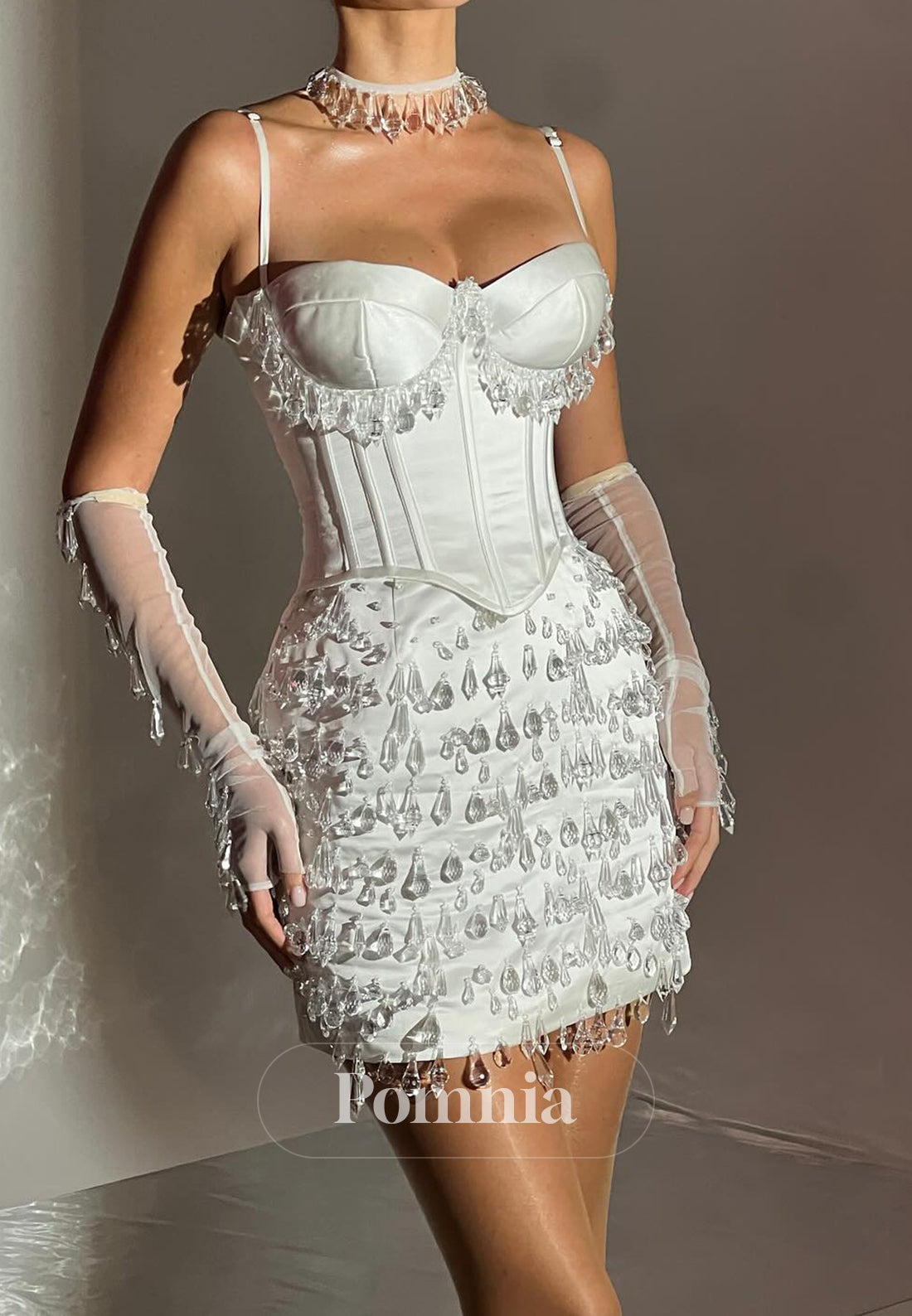 A-Line Spaghetti Straps Sweetheart Beads Short Wedding Dress