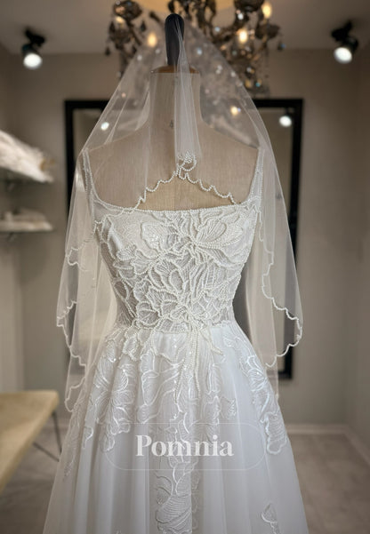 Charming A-Line Spaghetti Straps Square Pearls Satin Wedding Dress