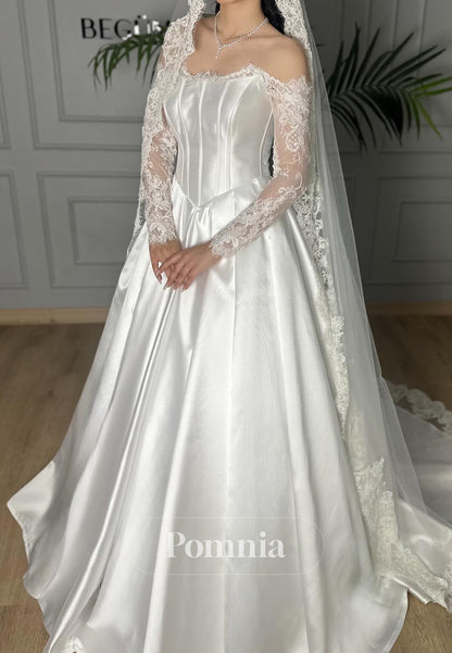 A-Line Long Sleeves Off-Shoulder Empire-Waist Wedding Dress