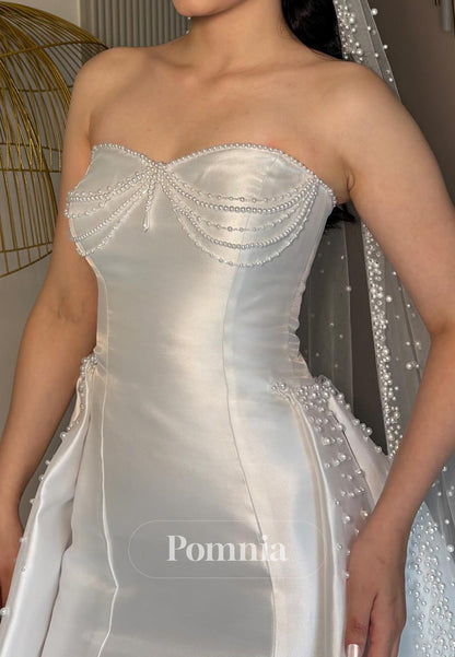 Charming A-Line Sleeveless Strapless Pearls Satin Wedding Dress