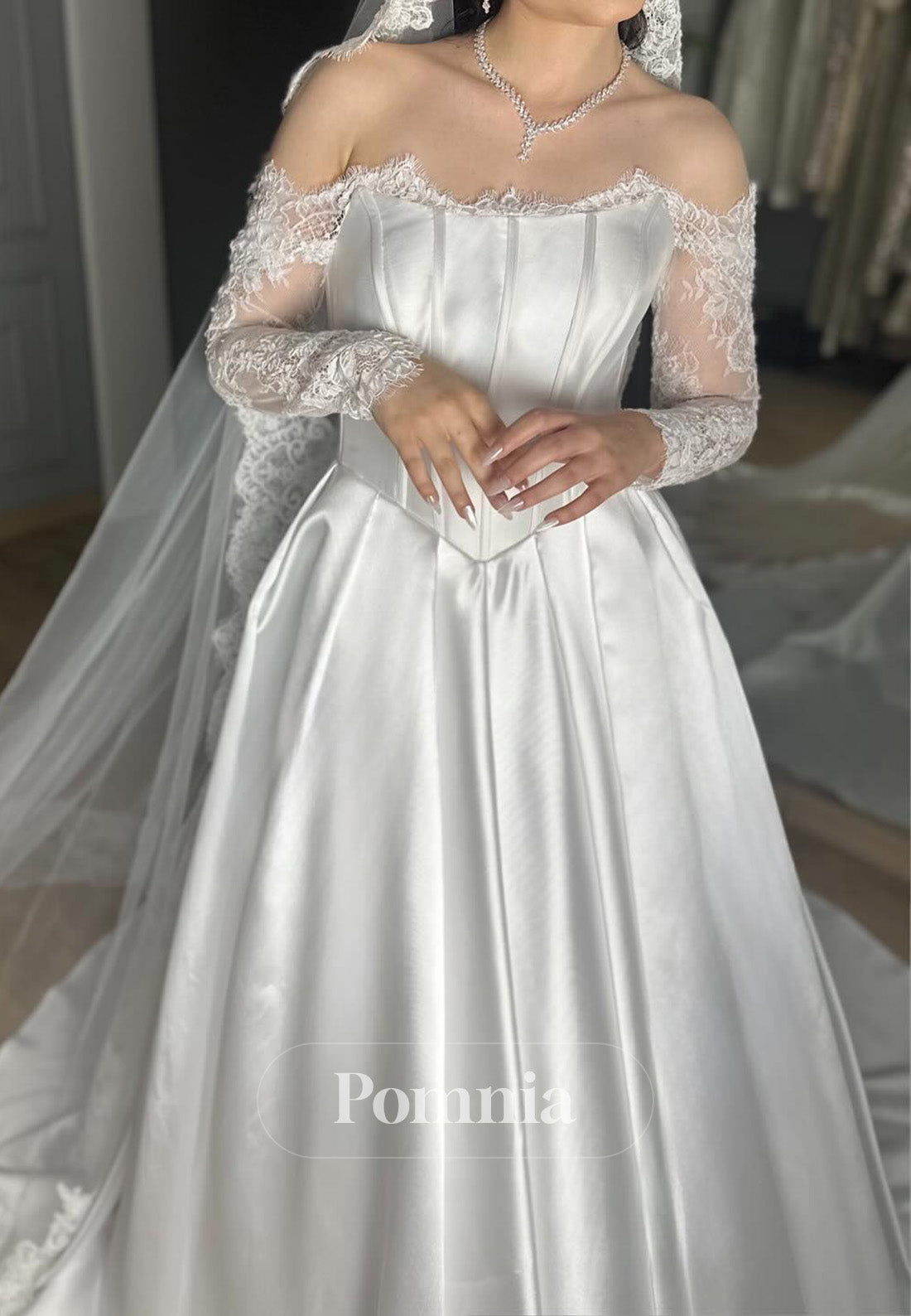 A-Line Long Sleeves Off-Shoulder Empire-Waist Wedding Dress