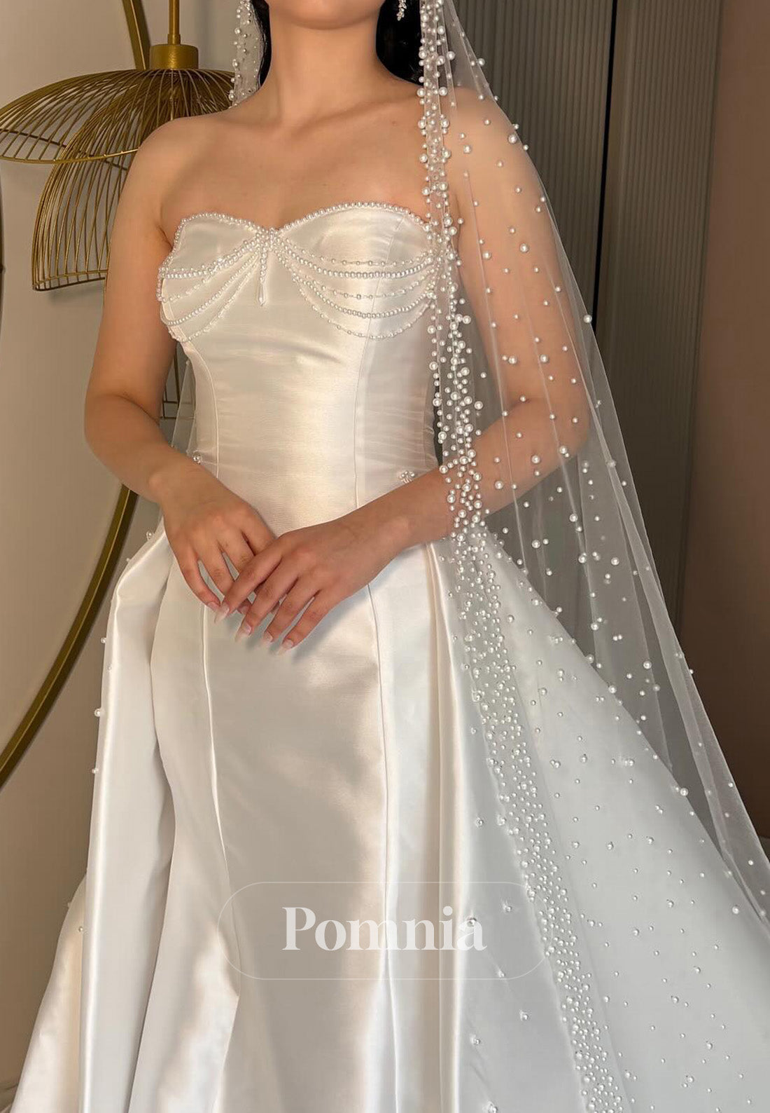 Charming A-Line Sleeveless Strapless Pearls Satin Wedding Dress