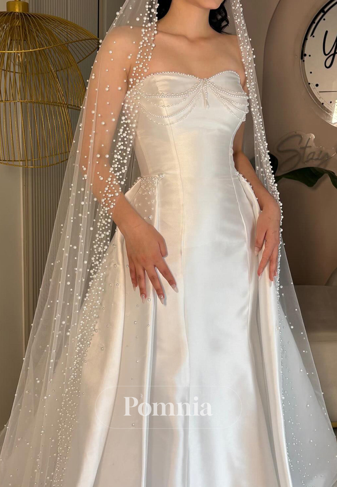 Charming A-Line Sleeveless Strapless Pearls Satin Wedding Dress