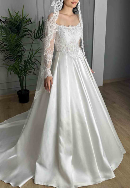 Satin Lace A-Line Court Train Long Sleeves Off the Shoulder Empire Wedding Dresses