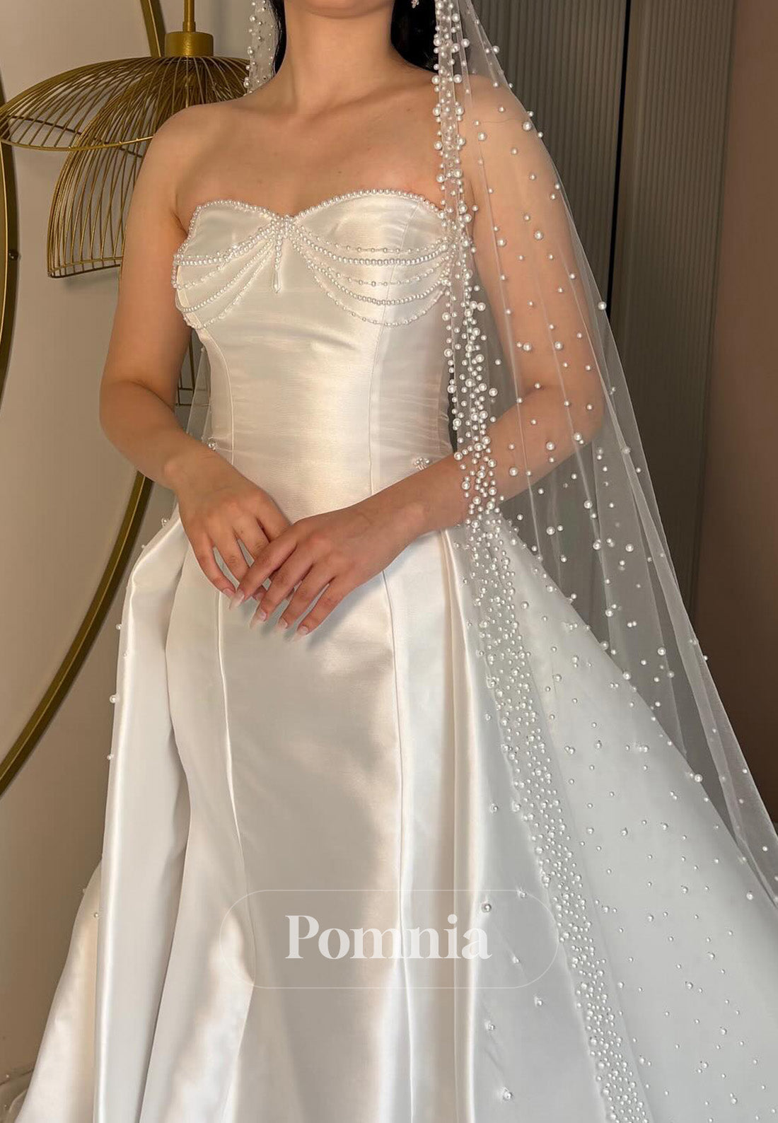 Charming A-Line Sleeveless Strapless Pearls Satin Wedding Dress
