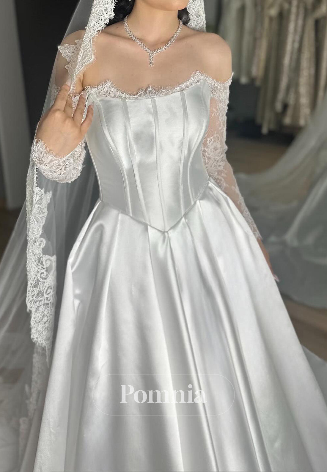A-Line Long Sleeves Off-Shoulder Empire-Waist Wedding Dress