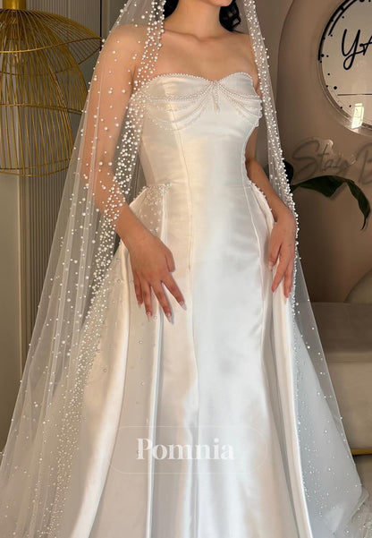 Charming A-Line Sleeveless Strapless Pearls Satin Wedding Dress