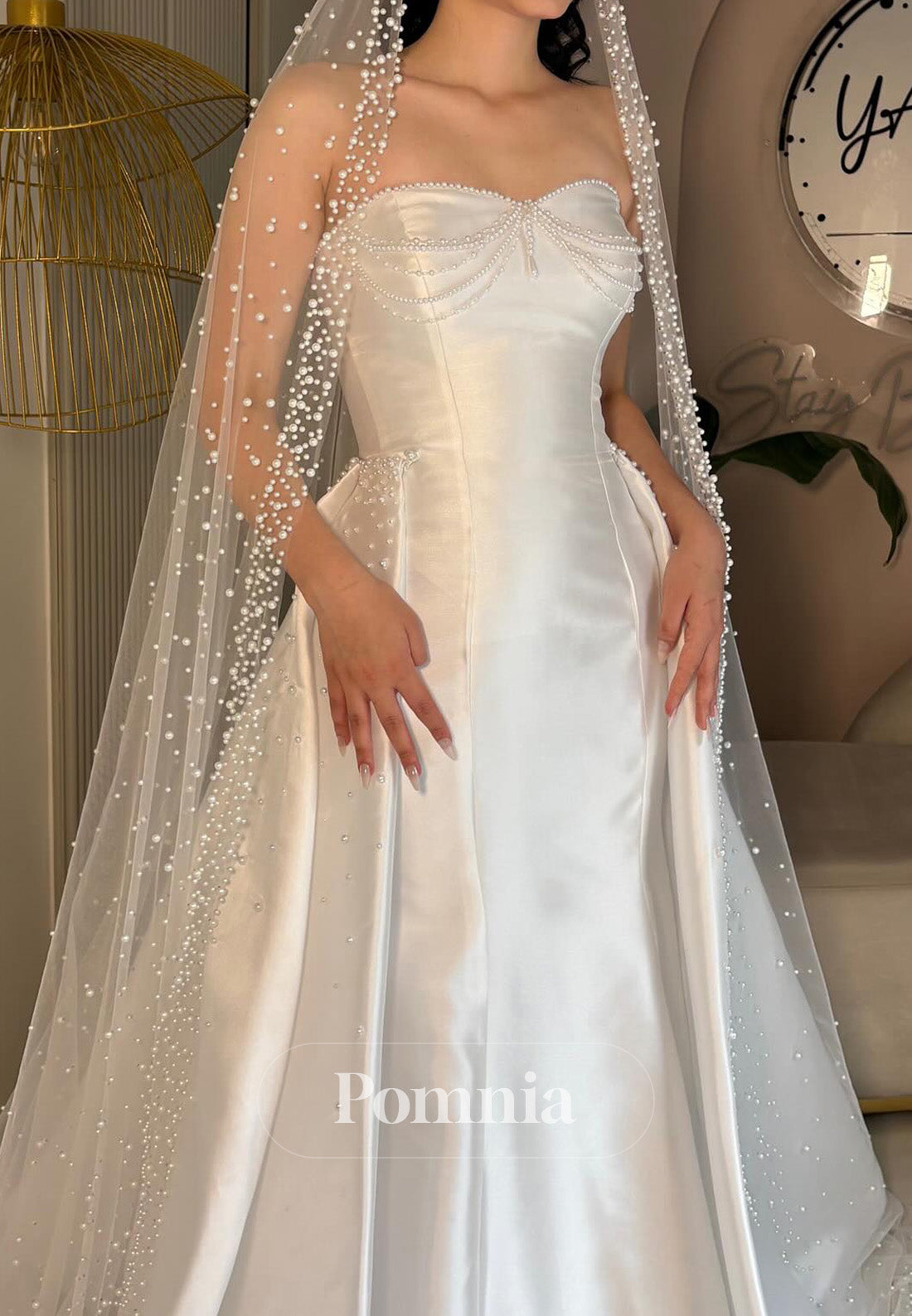 Charming A-Line Sleeveless Strapless Pearls Satin Wedding Dress