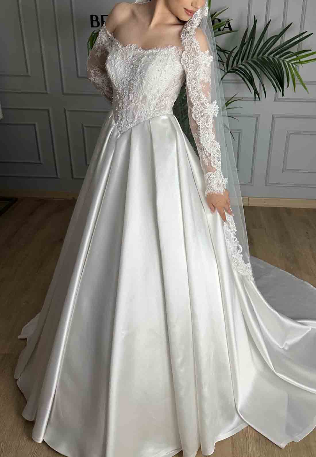 Satin Lace A-Line Court Train Long Sleeves Off the Shoulder Empire Wedding Dresses