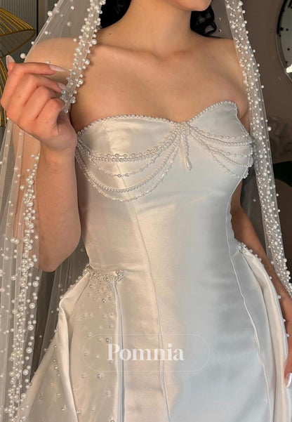 Charming A-Line Sleeveless Strapless Pearls Satin Wedding Dress
