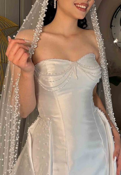 Satin A-Line Sweetheart Court Train Strapless Empire Wedding Dresses with Pearls