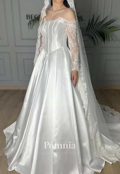A-Line Long Sleeves Off-Shoulder Empire-Waist Wedding Dress