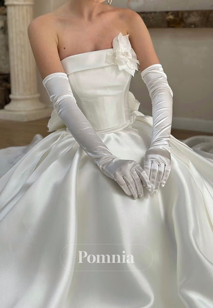 A-Line Strapless Sleeveelss Floral Appliques Corset Ruched Wedding Dress