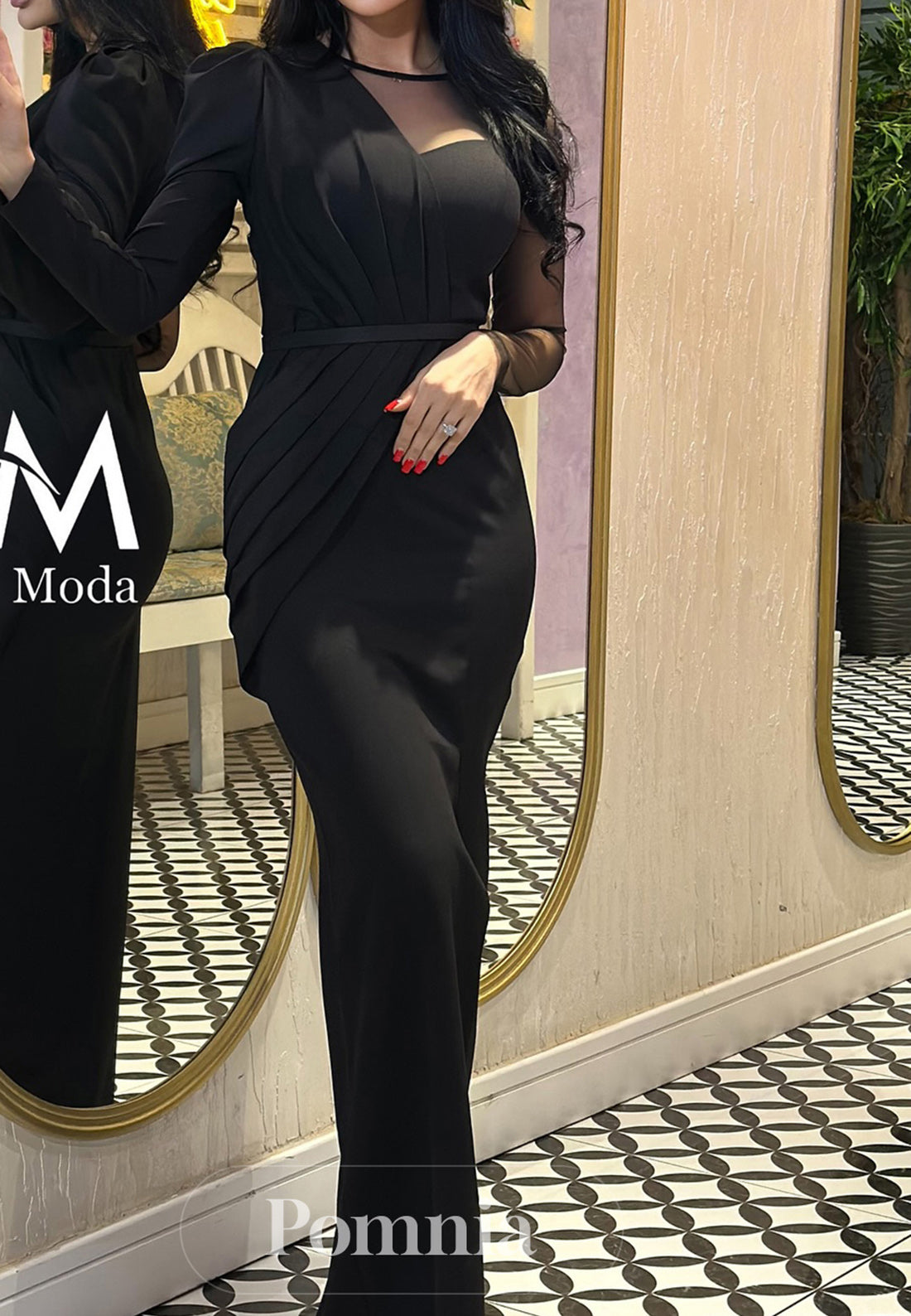 Long Sleeves Scoop Empire-Waist Slit Evening Dress