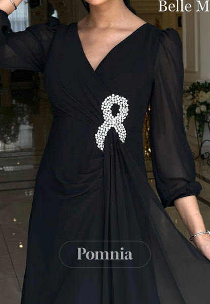Black Long Sleeves V-Neck Beads Chiffon Mother of the Bride Dress
