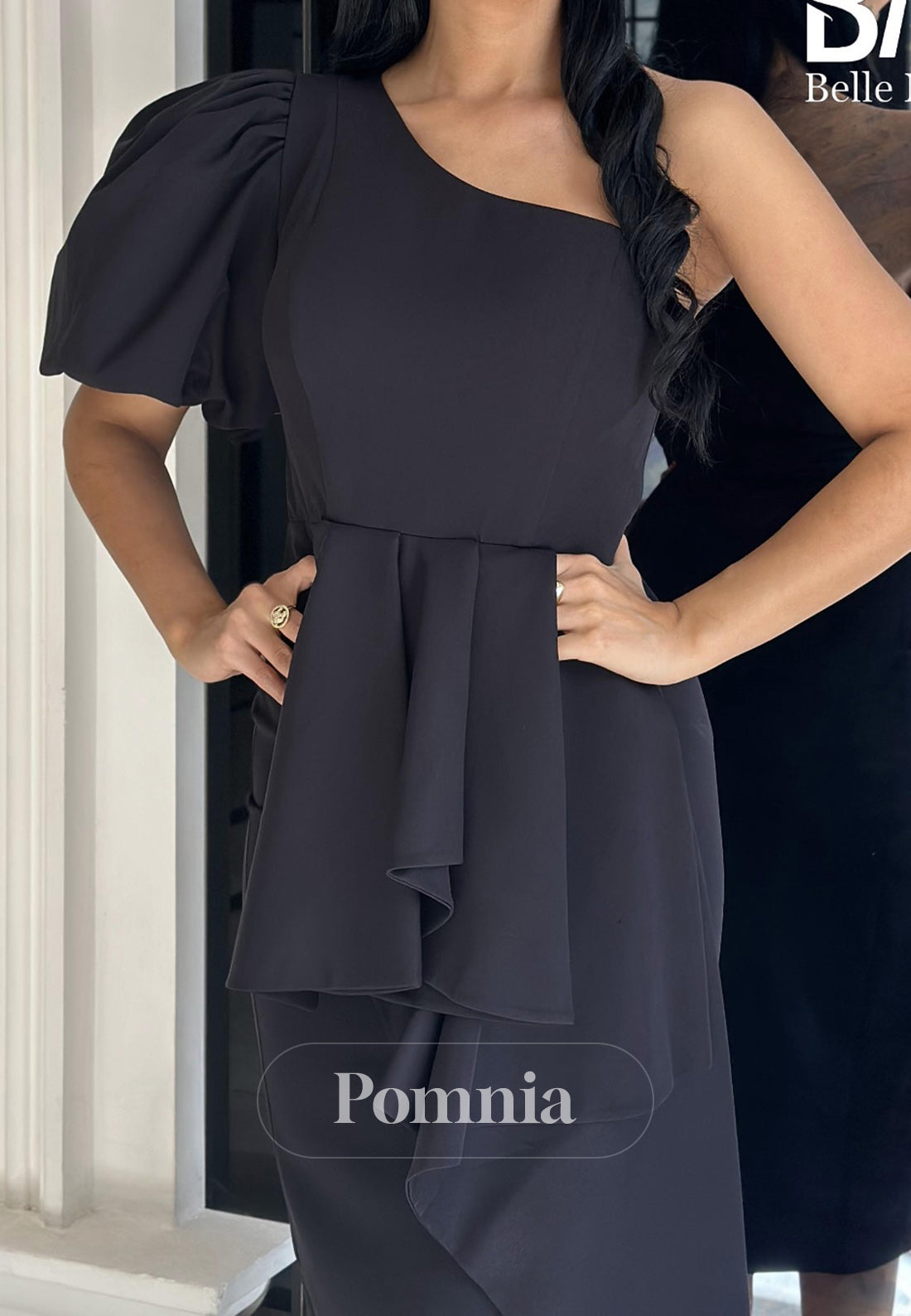 Black One Shoulder Short Sleeves Ruched Cocktail Dress