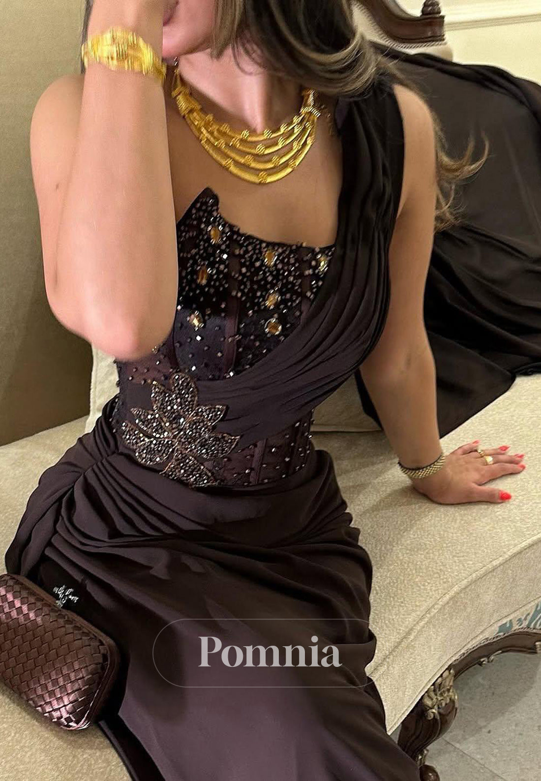 Black One Shoulder Sleeveless Sequins Corset Evening Dress