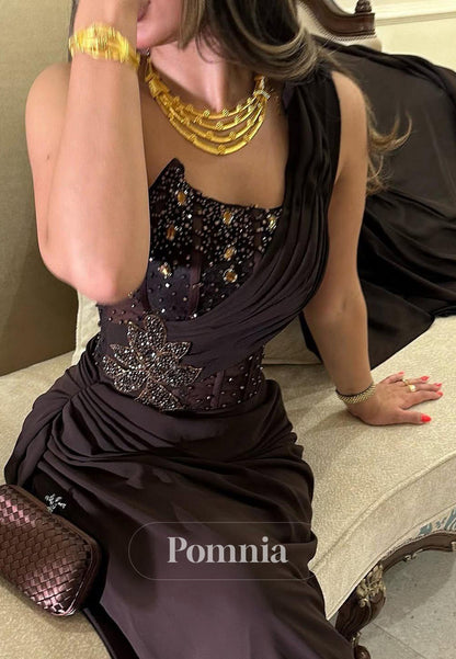 Black One Shoulder Sleeveless Sequins Corset Evening Dress