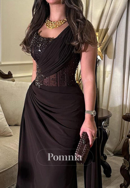 Black One Shoulder Sleeveless Sequins Corset Evening Dress